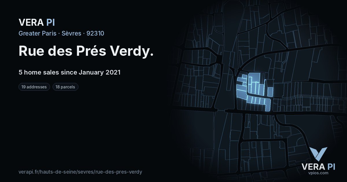 Rue des Prés Verdy, Sèvres at night – every parcel coloured by the prices around it, the street's own parcels lit
