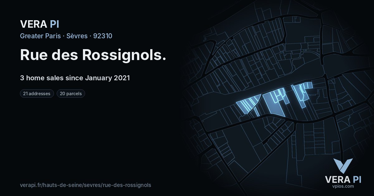 Rue des Rossignols, Sèvres at night – every parcel coloured by the prices around it, the street's own parcels lit