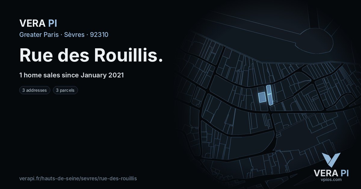Rue des Rouillis, Sèvres at night – every parcel coloured by the prices around it, the street's own parcels lit