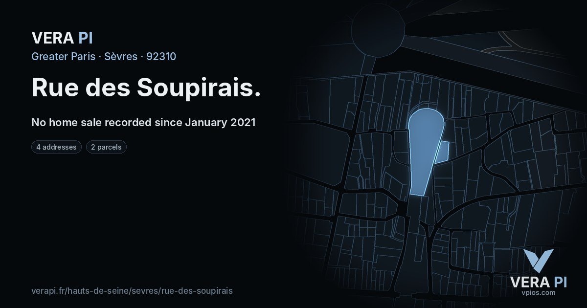 Rue des Soupirais, Sèvres at night – every parcel coloured by the prices around it, the street's own parcels lit