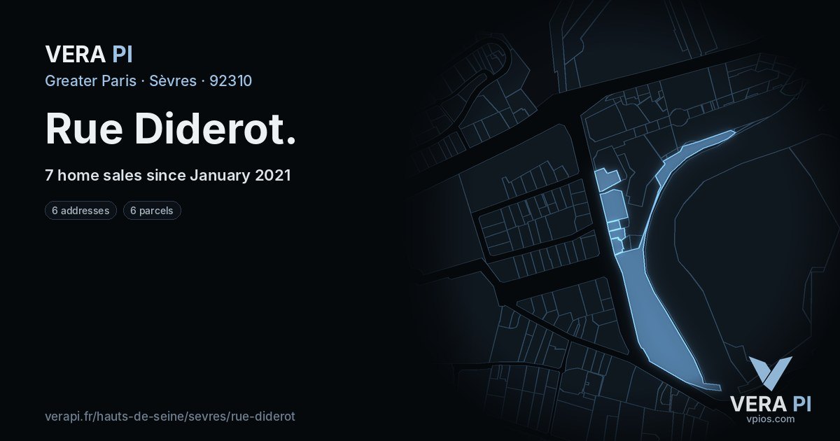 Rue Diderot, Sèvres at night – every parcel coloured by the prices around it, the street's own parcels lit