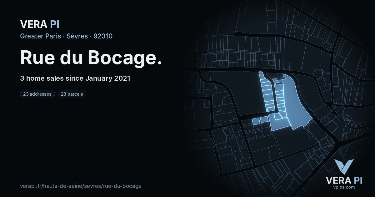 Rue du Bocage, Sèvres at night – every parcel coloured by the prices around it, the street's own parcels lit
