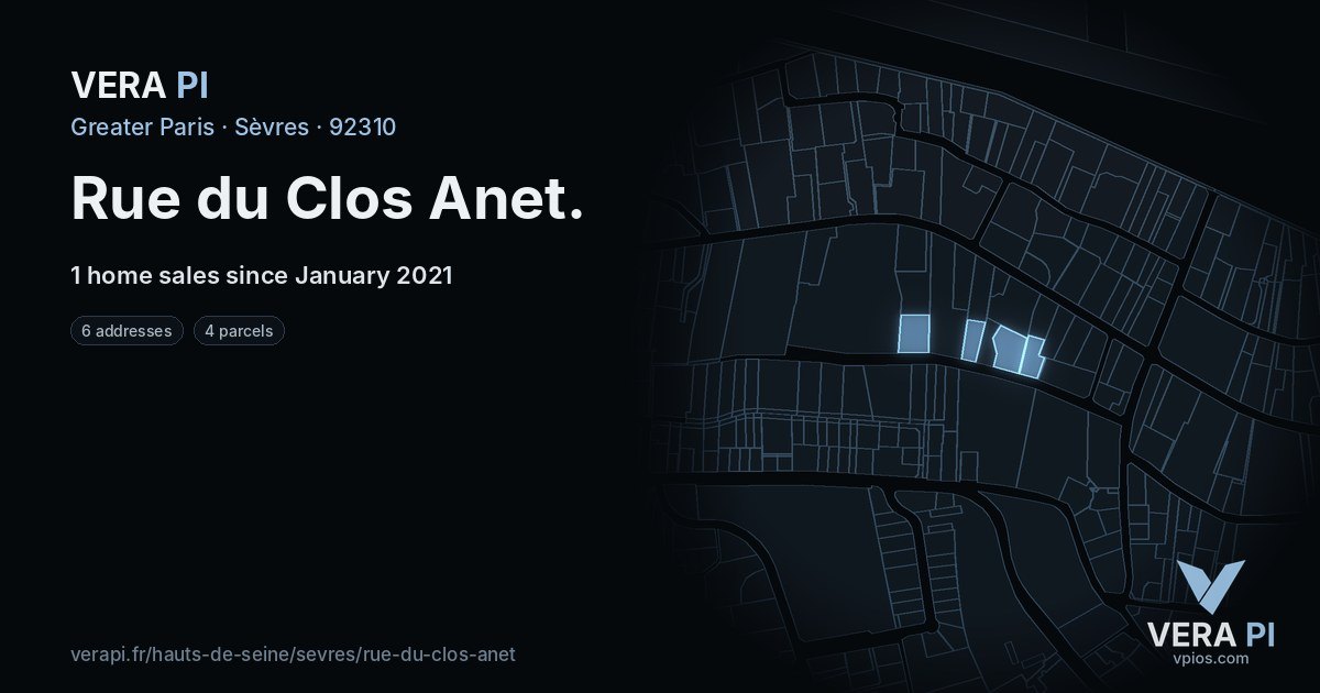 Rue du Clos Anet, Sèvres at night – every parcel coloured by the prices around it, the street's own parcels lit