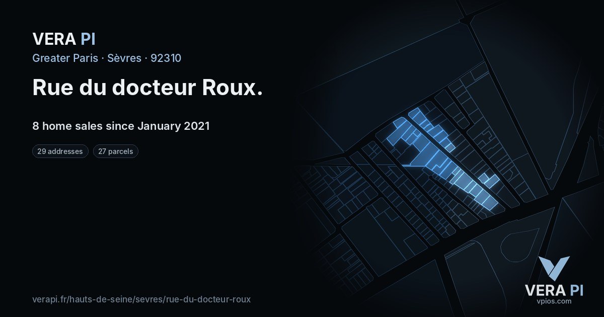 Rue du docteur Roux, Sèvres at night – every parcel coloured by the prices around it, the street's own parcels lit