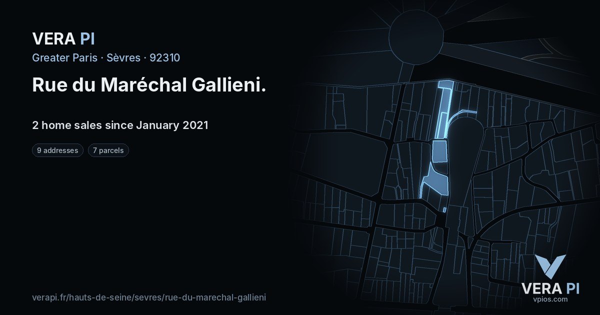 Rue du Maréchal Gallieni, Sèvres at night – every parcel coloured by the prices around it, the street's own parcels lit