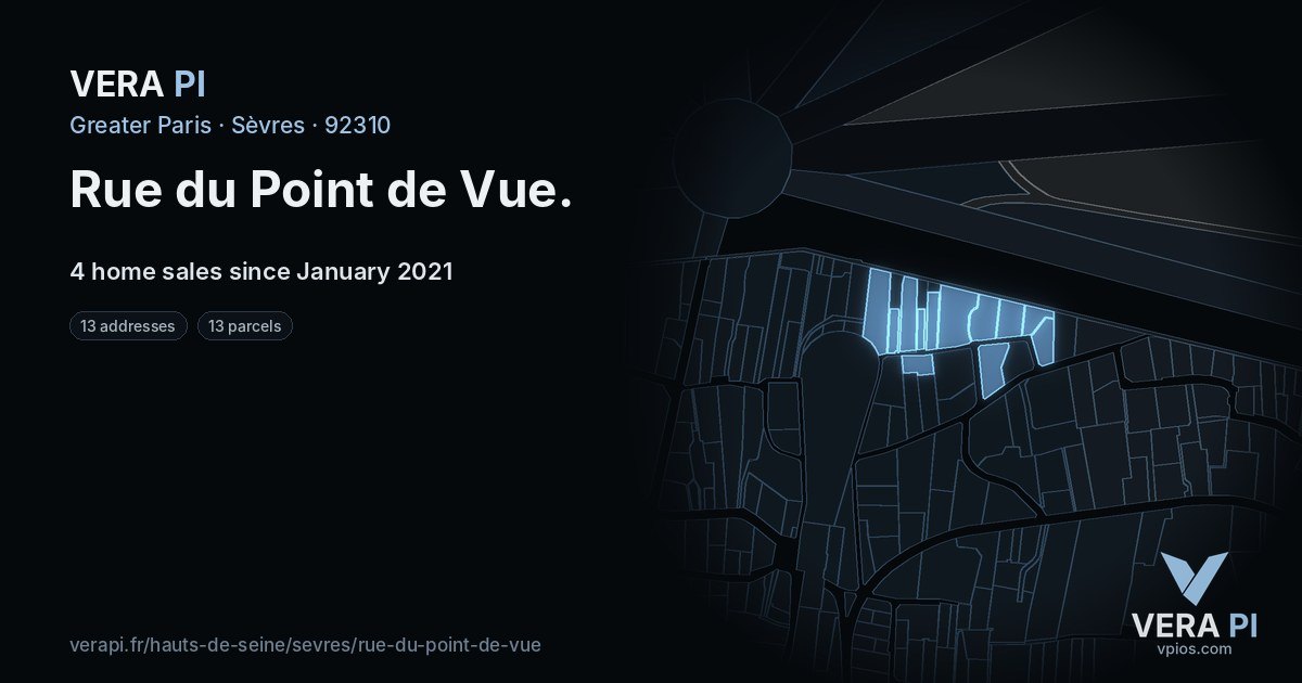 Rue du Point de Vue, Sèvres at night – every parcel coloured by the prices around it, the street's own parcels lit