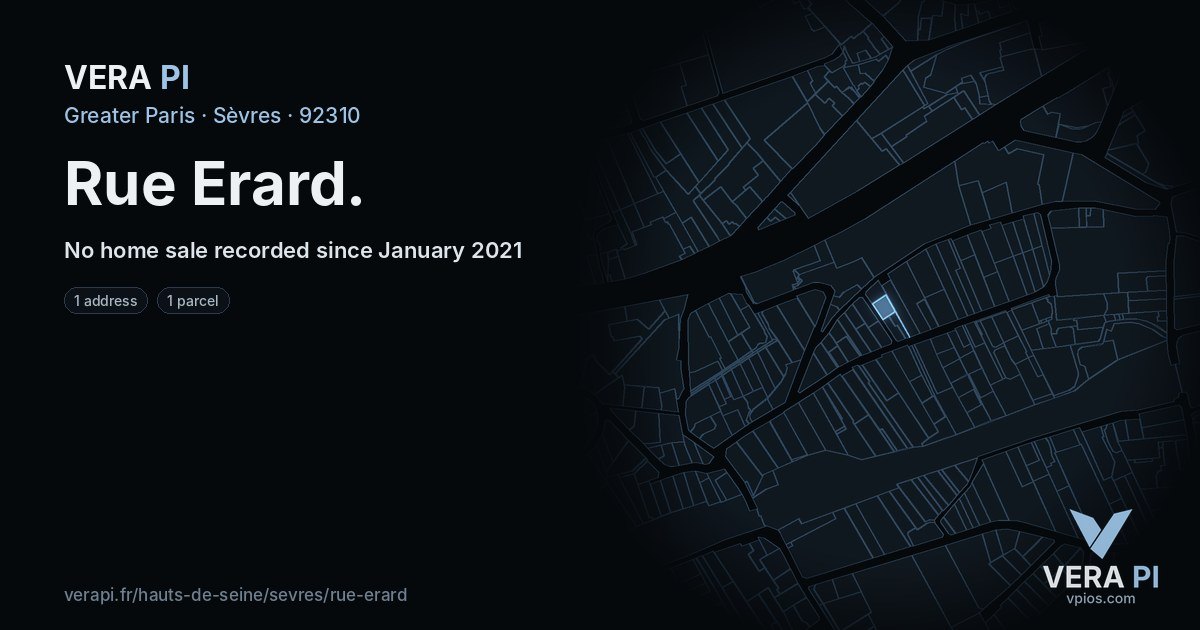 Rue Erard, Sèvres at night – every parcel coloured by the prices around it, the street's own parcels lit