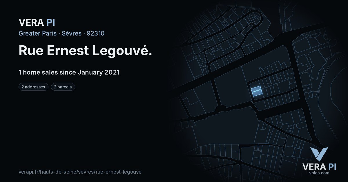 Rue Ernest Legouvé, Sèvres at night – every parcel coloured by the prices around it, the street's own parcels lit
