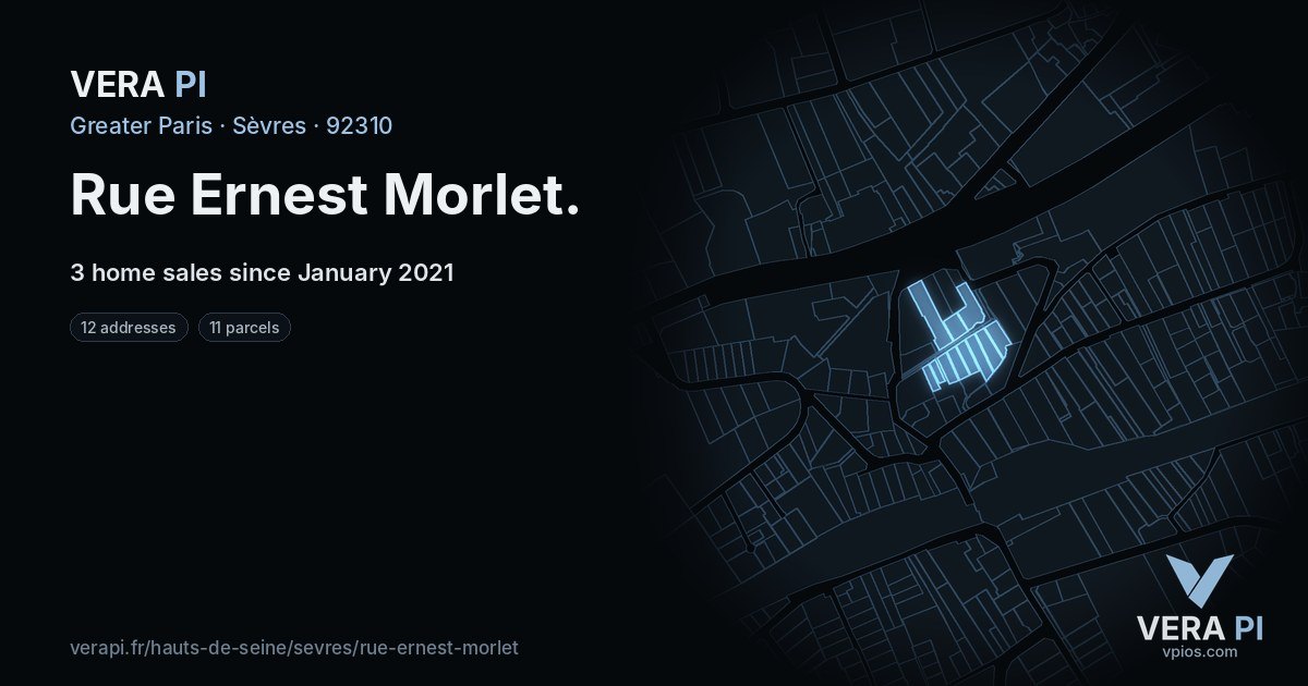 Rue Ernest Morlet, Sèvres at night – every parcel coloured by the prices around it, the street's own parcels lit