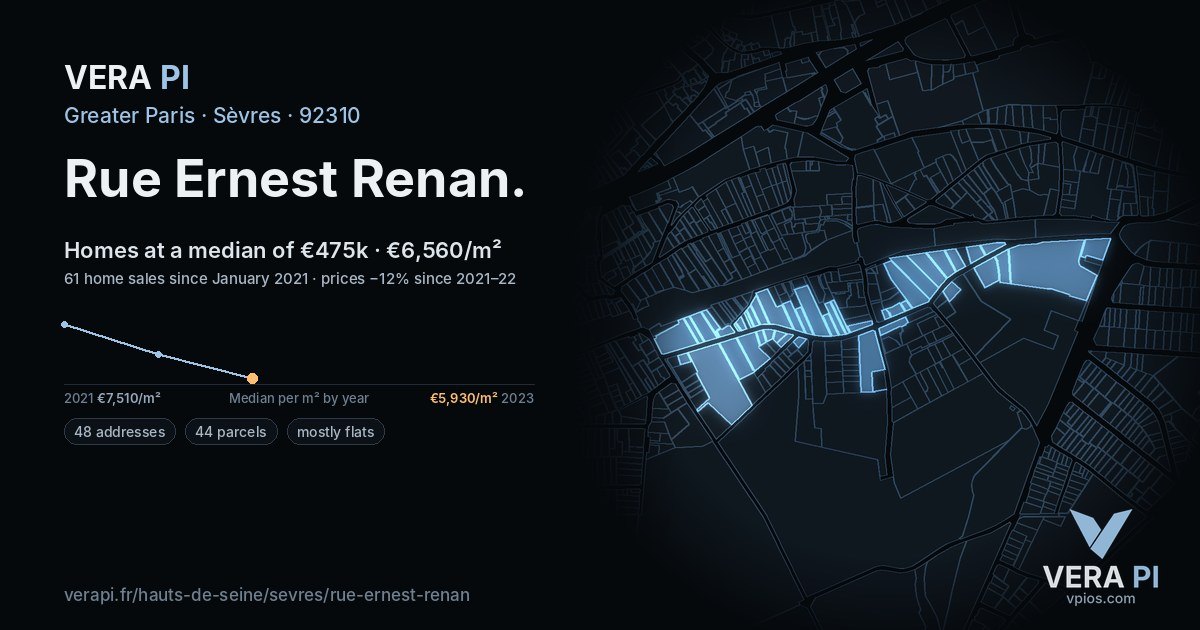 Rue Ernest Renan, Sèvres at night – every parcel coloured by the prices around it, the street's own parcels lit