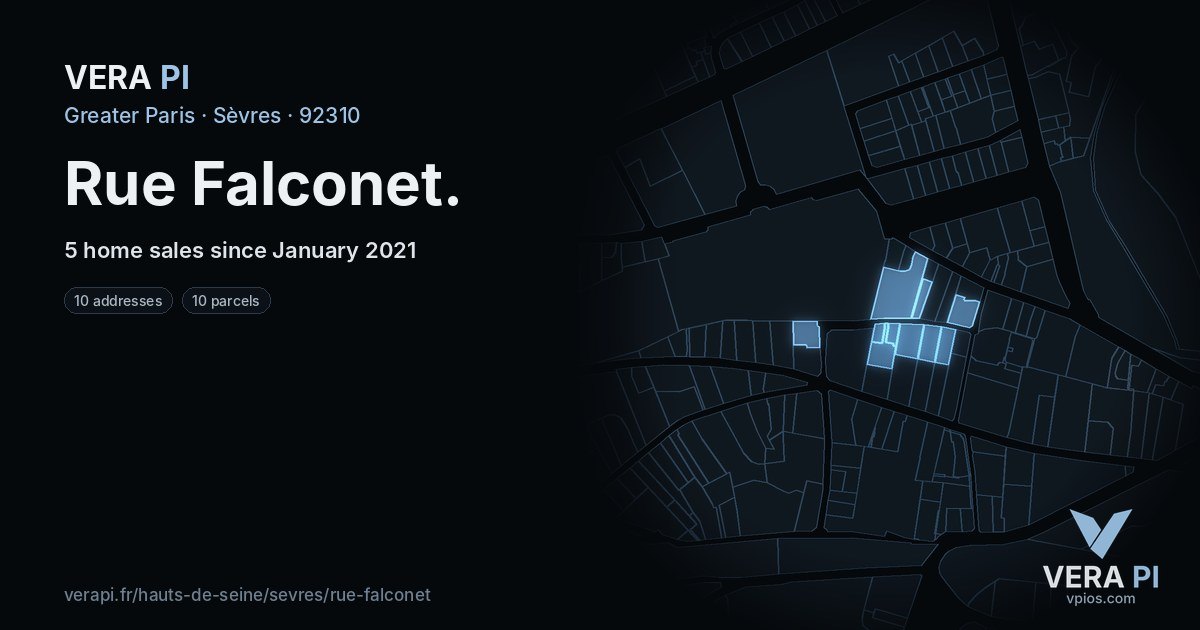 Rue Falconet, Sèvres at night – every parcel coloured by the prices around it, the street's own parcels lit