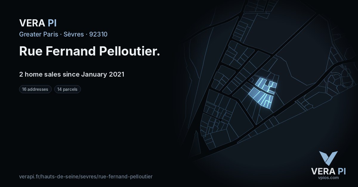 Rue Fernand Pelloutier, Sèvres at night – every parcel coloured by the prices around it, the street's own parcels lit