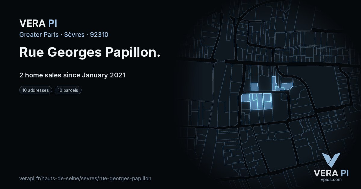 Rue Georges Papillon, Sèvres at night – every parcel coloured by the prices around it, the street's own parcels lit