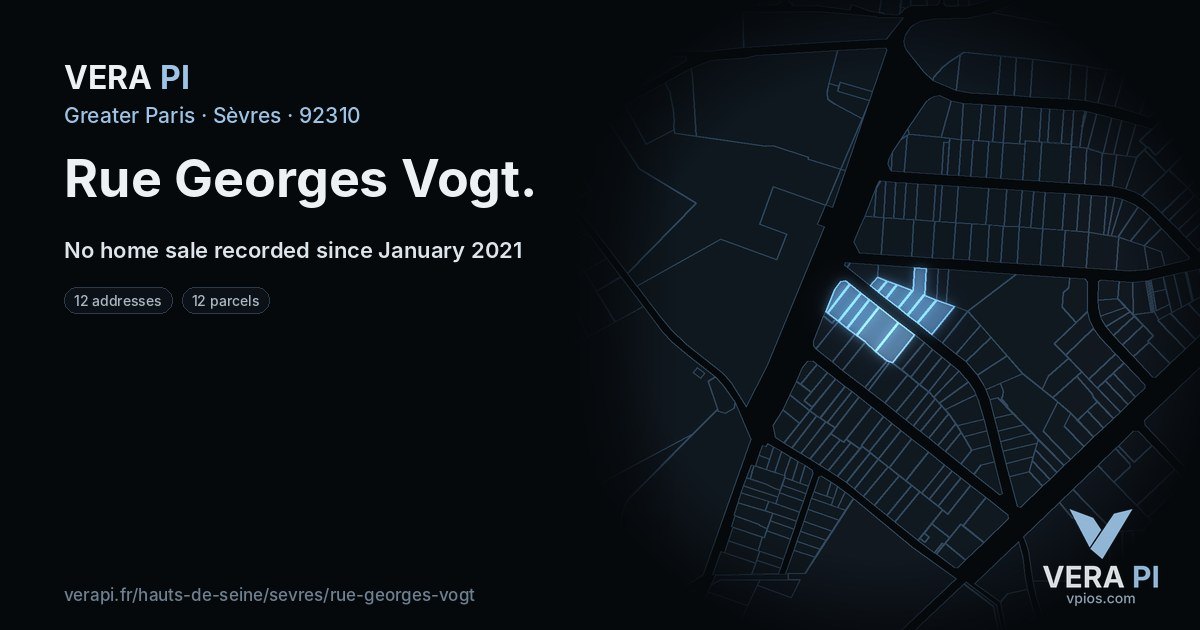 Rue Georges Vogt, Sèvres at night – every parcel coloured by the prices around it, the street's own parcels lit