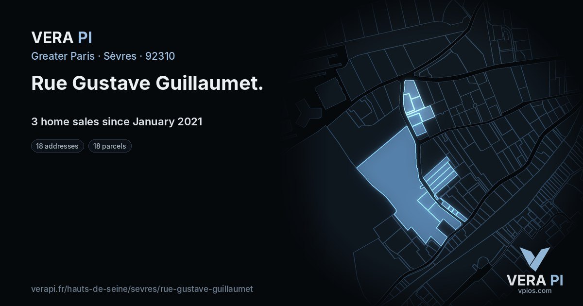 Rue Gustave Guillaumet, Sèvres at night – every parcel coloured by the prices around it, the street's own parcels lit