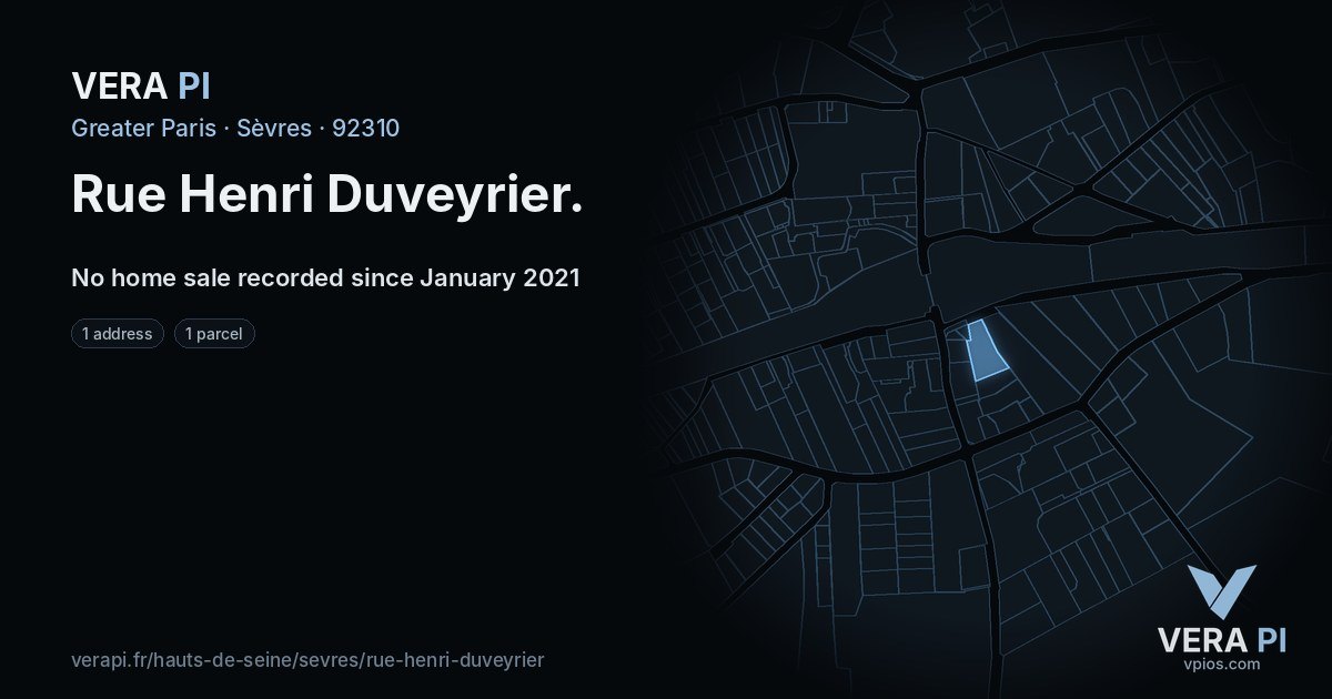 Rue Henri Duveyrier, Sèvres at night – every parcel coloured by the prices around it, the street's own parcels lit