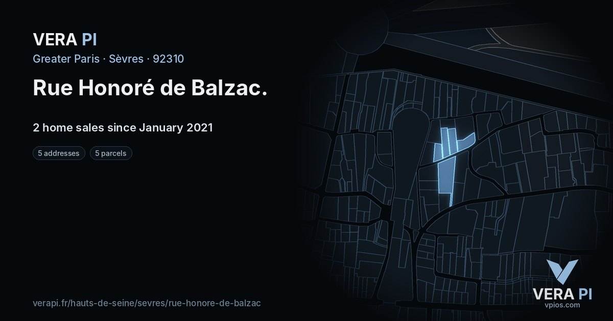Rue Honoré de Balzac, Sèvres at night – every parcel coloured by the prices around it, the street's own parcels lit