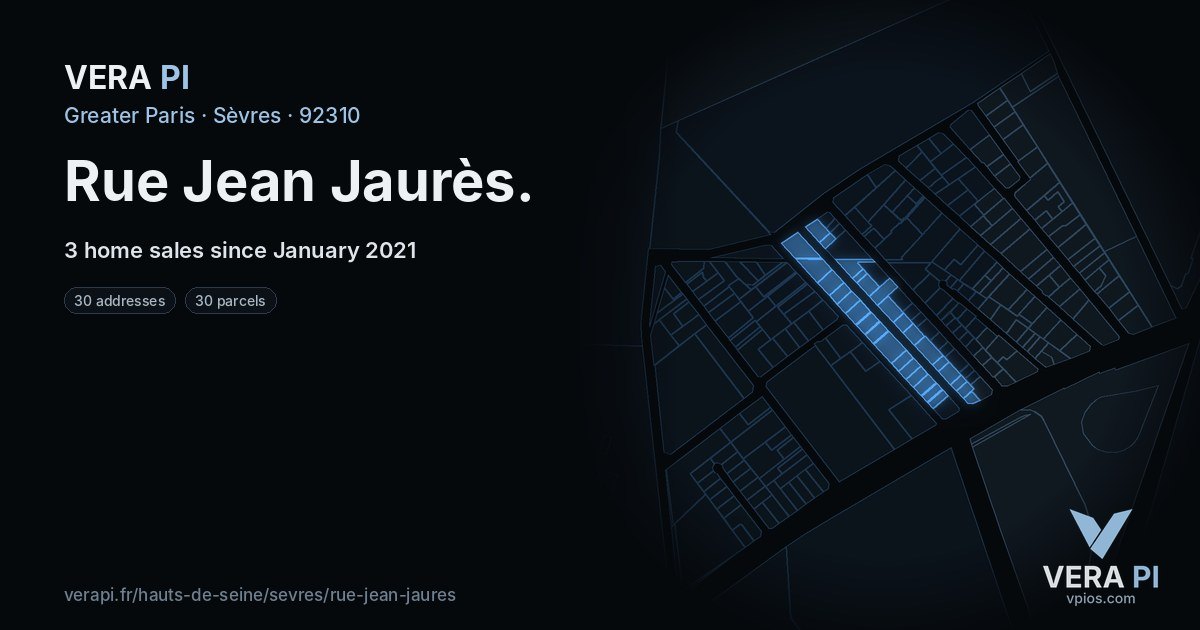 Rue Jean Jaurès, Sèvres at night – every parcel coloured by the prices around it, the street's own parcels lit
