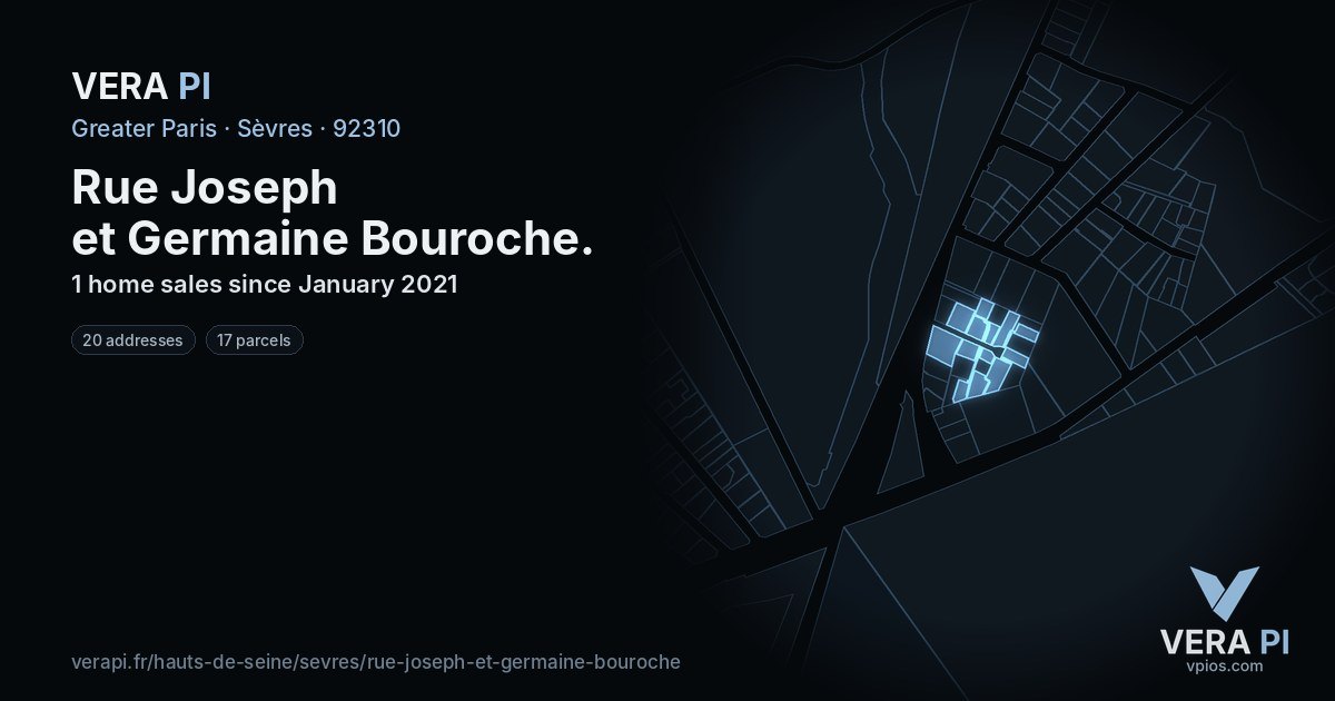 Rue Joseph et Germaine Bouroche, Sèvres at night – every parcel coloured by the prices around it, the street's own parcels lit