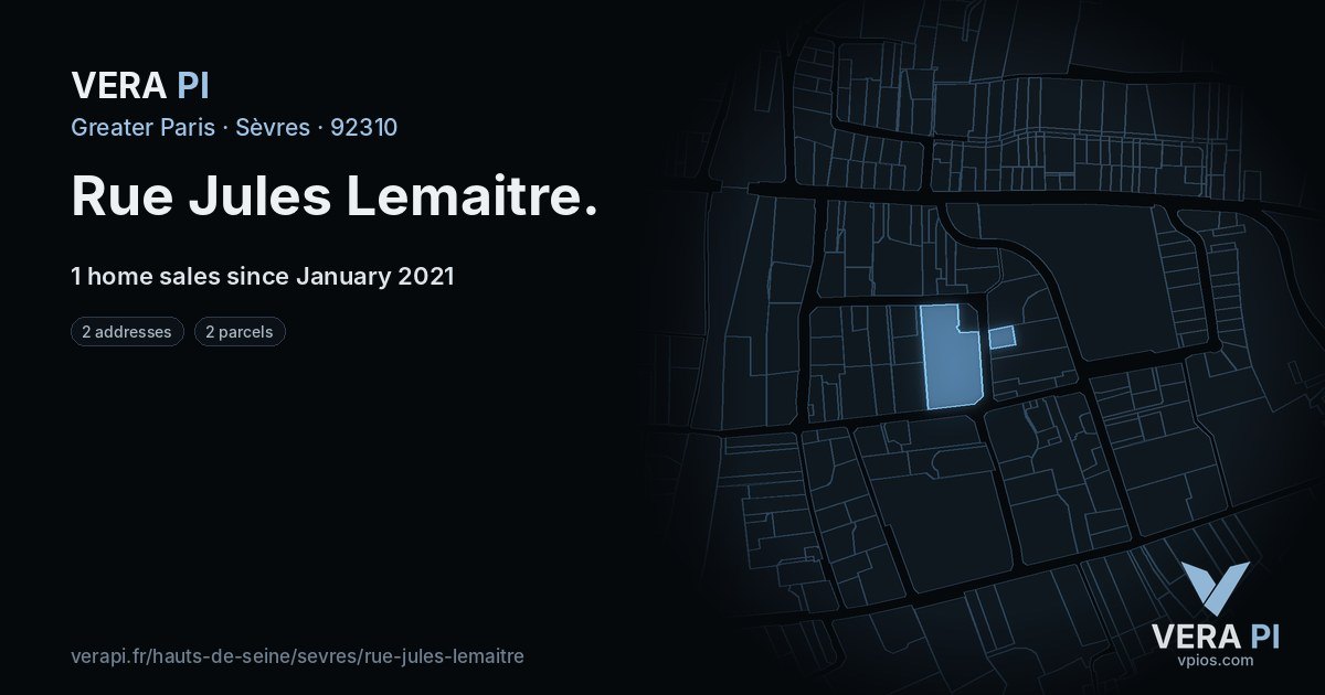 Rue Jules Lemaitre, Sèvres at night – every parcel coloured by the prices around it, the street's own parcels lit