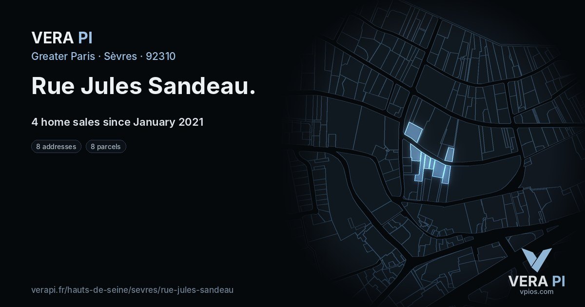 Rue Jules Sandeau, Sèvres at night – every parcel coloured by the prices around it, the street's own parcels lit
