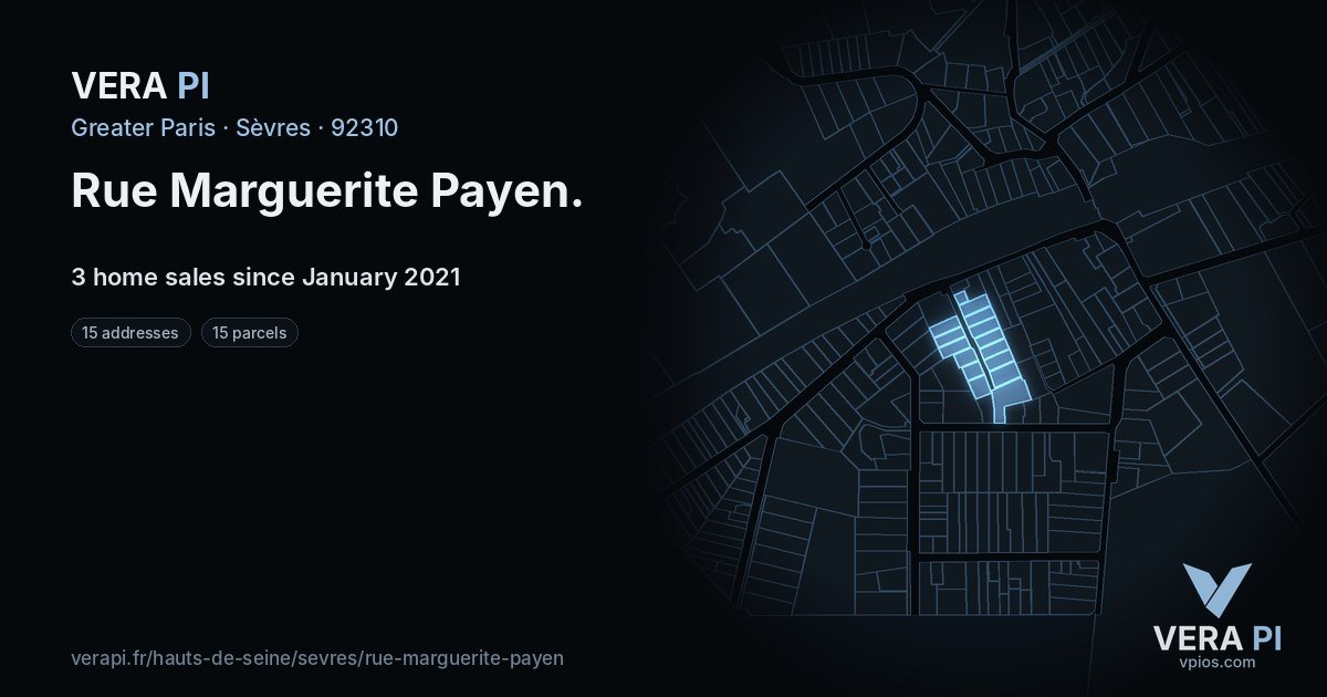 Rue Marguerite Payen, Sèvres at night – every parcel coloured by the prices around it, the street's own parcels lit