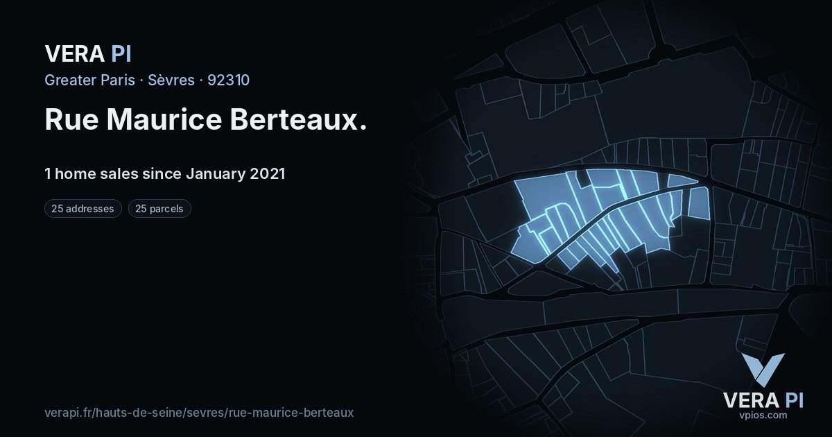 Rue Maurice Berteaux, Sèvres at night – every parcel coloured by the prices around it, the street's own parcels lit
