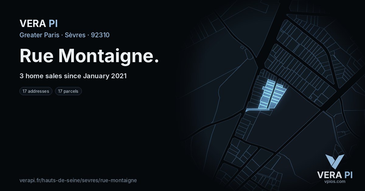 Rue Montaigne, Sèvres at night – every parcel coloured by the prices around it, the street's own parcels lit