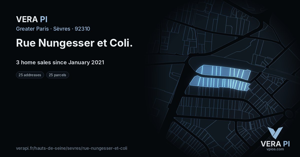 Rue Nungesser et Coli, Sèvres at night – every parcel coloured by the prices around it, the street's own parcels lit
