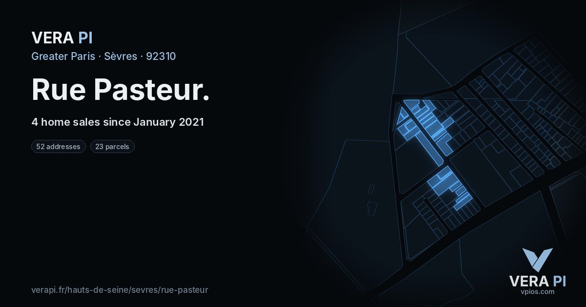 Rue Pasteur, Sèvres at night – every parcel coloured by the prices around it, the street's own parcels lit