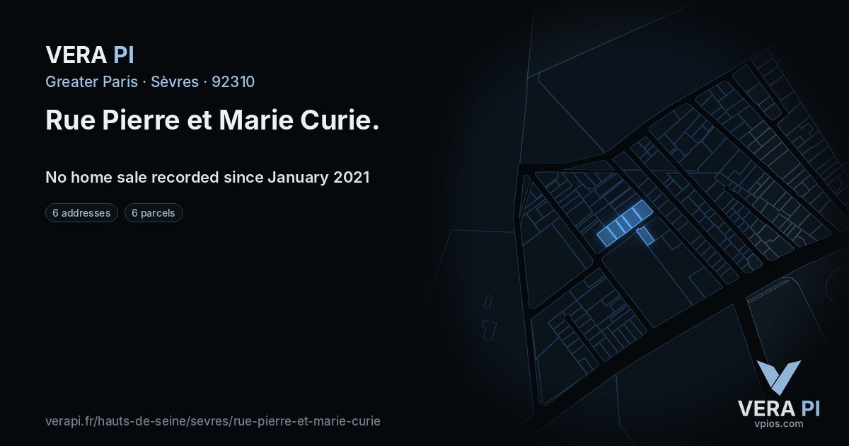 Rue Pierre et Marie Curie, Sèvres at night – every parcel coloured by the prices around it, the street's own parcels lit