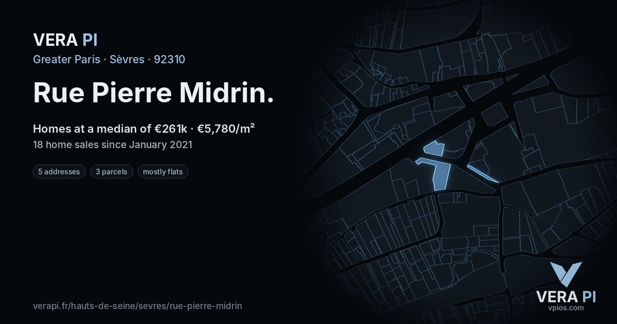 Rue Pierre Midrin, Sèvres at night – every parcel coloured by the prices around it, the street's own parcels lit