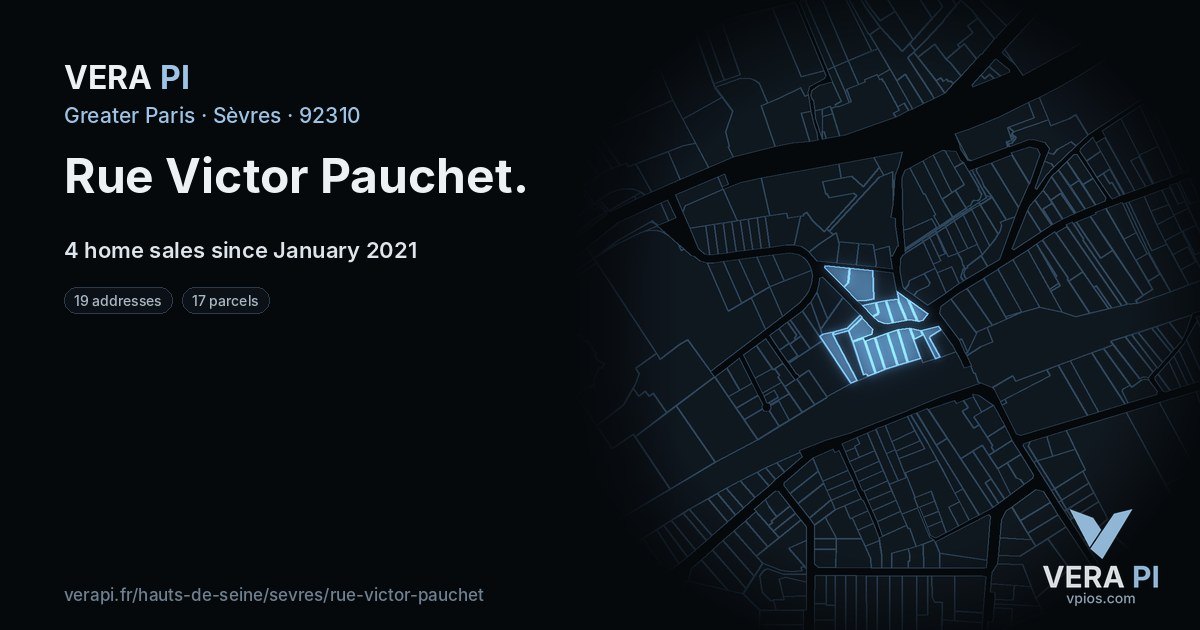 Rue Victor Pauchet, Sèvres at night – every parcel coloured by the prices around it, the street's own parcels lit