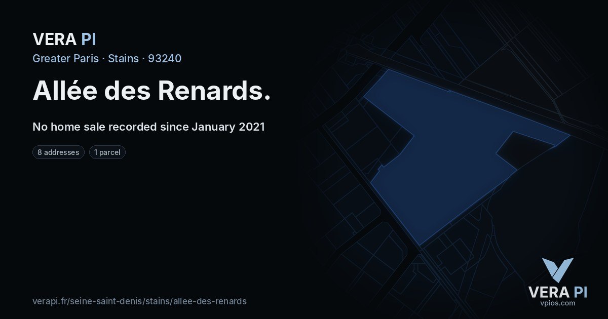 Allée des Renards, Stains at night – every parcel coloured by the prices around it, the street's own parcels lit