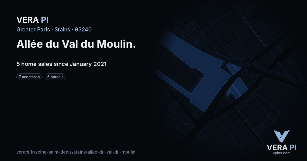 Allée du Val du Moulin, Stains at night – every parcel coloured by the prices around it, the street's own parcels lit