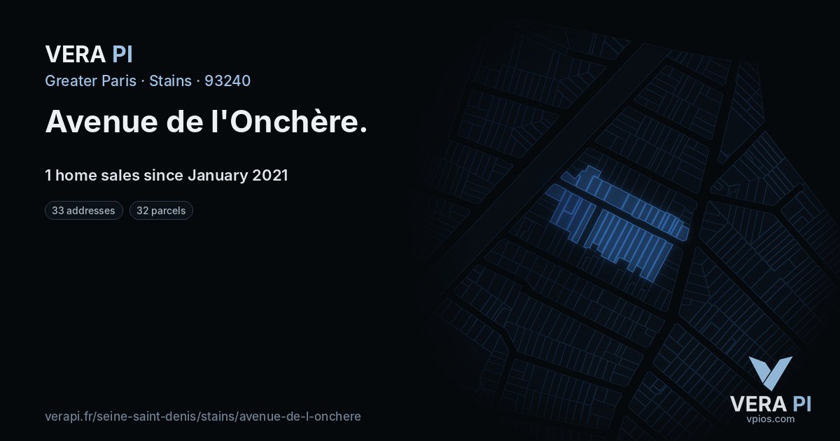 Avenue de l'Onchère, Stains at night – every parcel coloured by the prices around it, the street's own parcels lit