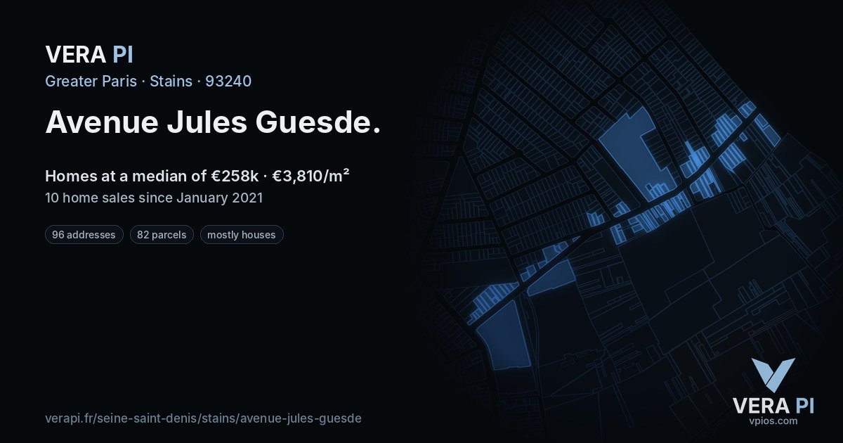 Avenue Jules Guesde, Stains at night – every parcel coloured by the prices around it, the street's own parcels lit