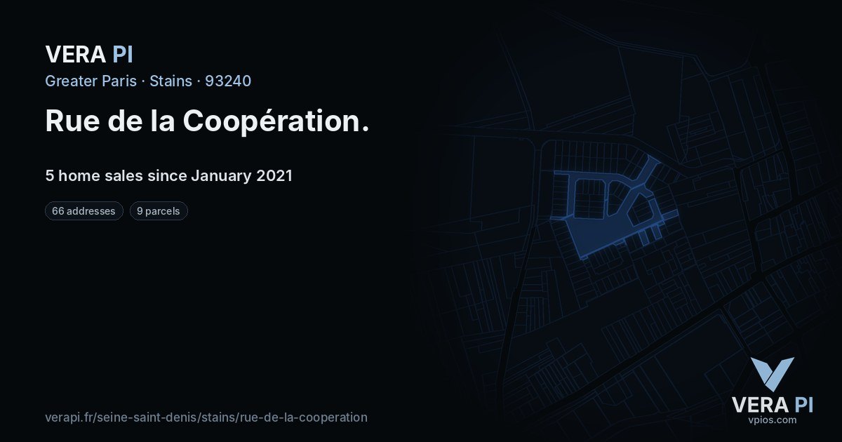 Rue de la Coopération, Stains at night – every parcel coloured by the prices around it, the street's own parcels lit