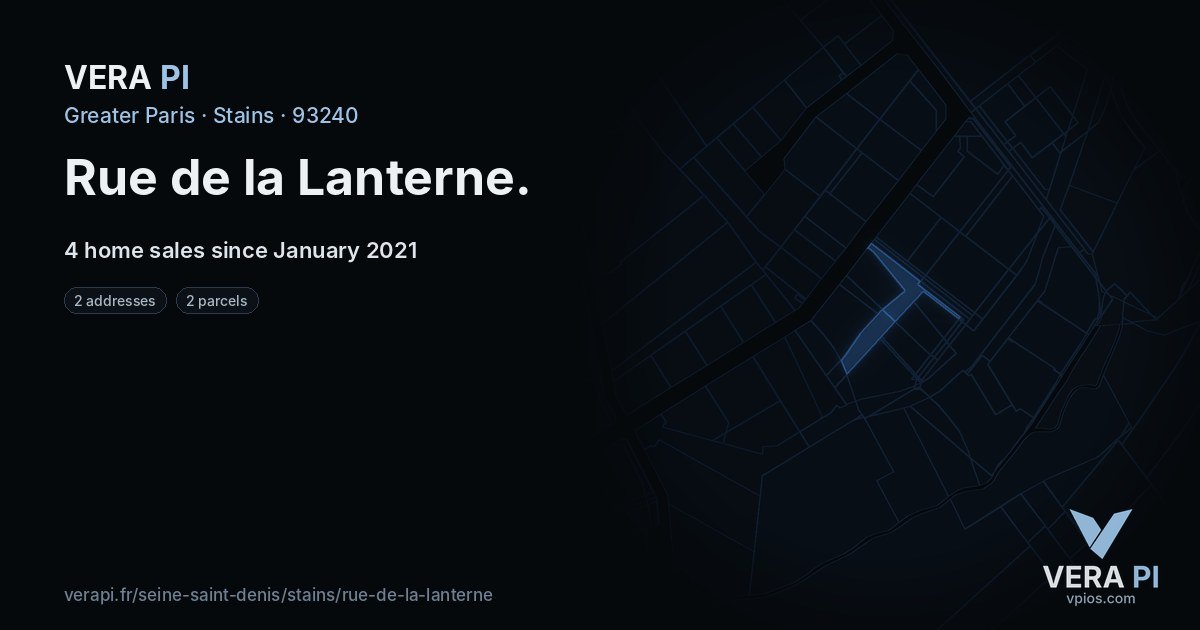 Rue de la Lanterne, Stains at night – every parcel coloured by the prices around it, the street's own parcels lit