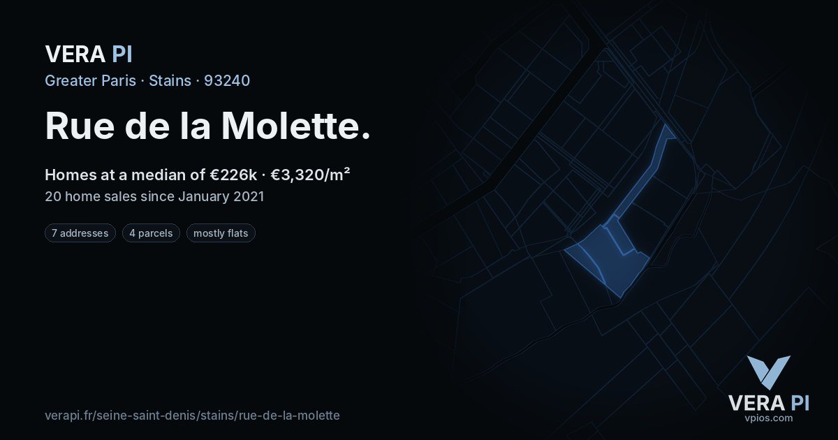 Rue de la Molette, Stains at night – every parcel coloured by the prices around it, the street's own parcels lit