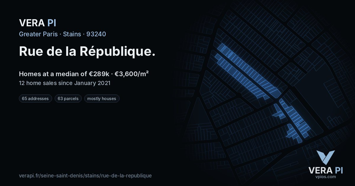 Rue de la République, Stains at night – every parcel coloured by the prices around it, the street's own parcels lit