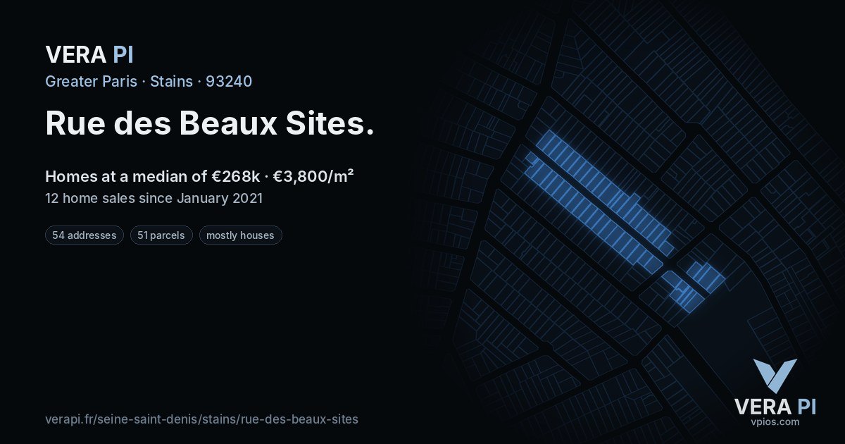Rue des Beaux Sites, Stains at night – every parcel coloured by the prices around it, the street's own parcels lit