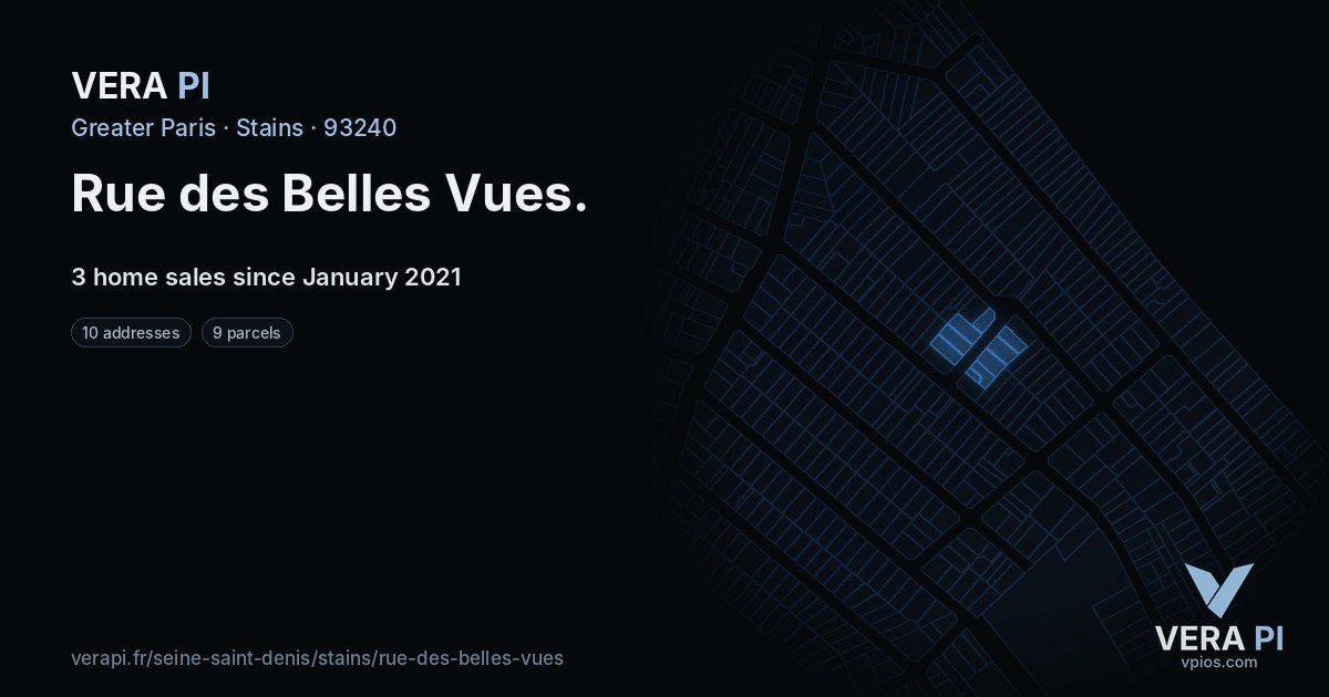 Rue des Belles Vues, Stains at night – every parcel coloured by the prices around it, the street's own parcels lit