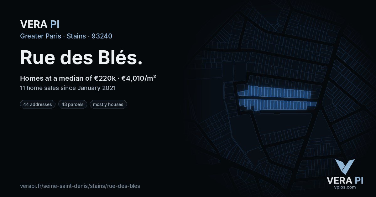 Rue des Blés, Stains at night – every parcel coloured by the prices around it, the street's own parcels lit