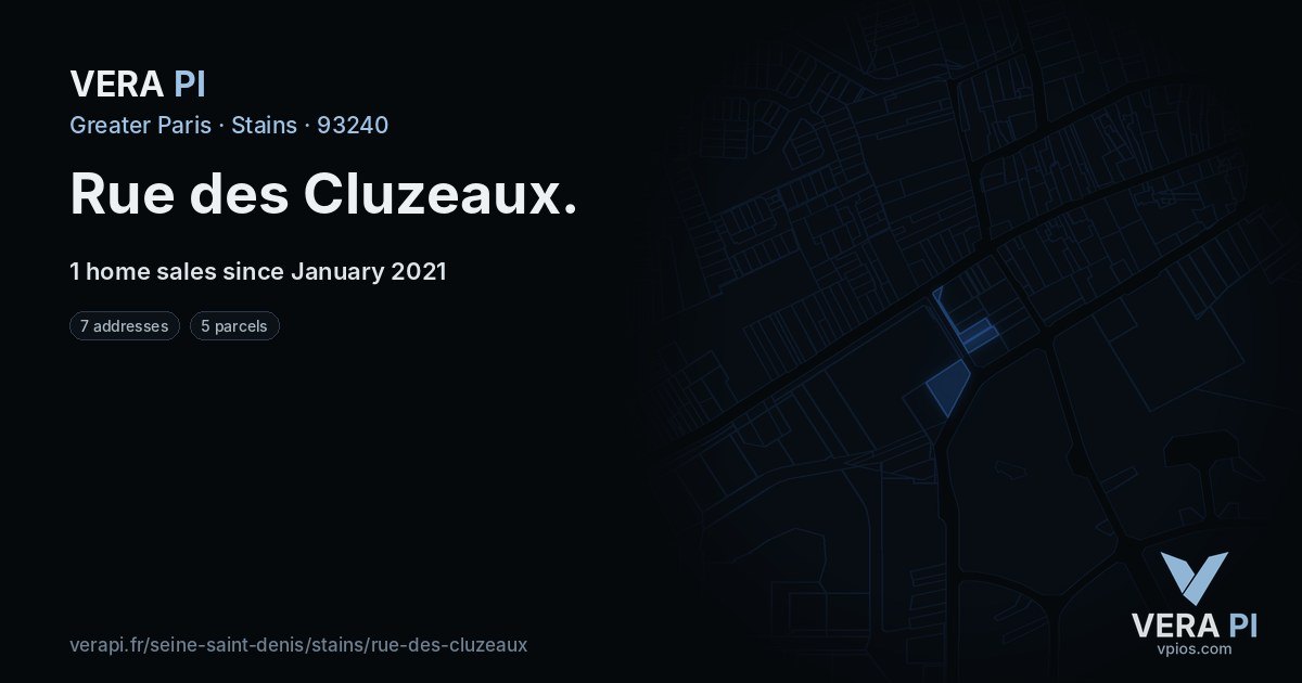 Rue des Cluzeaux, Stains at night – every parcel coloured by the prices around it, the street's own parcels lit