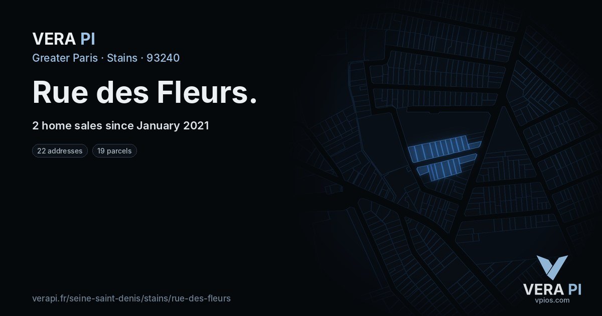 Rue des Fleurs, Stains at night – every parcel coloured by the prices around it, the street's own parcels lit