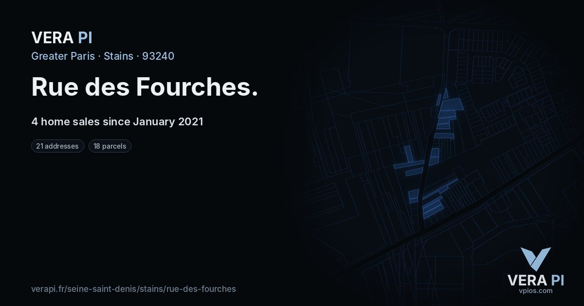 Rue des Fourches, Stains at night – every parcel coloured by the prices around it, the street's own parcels lit
