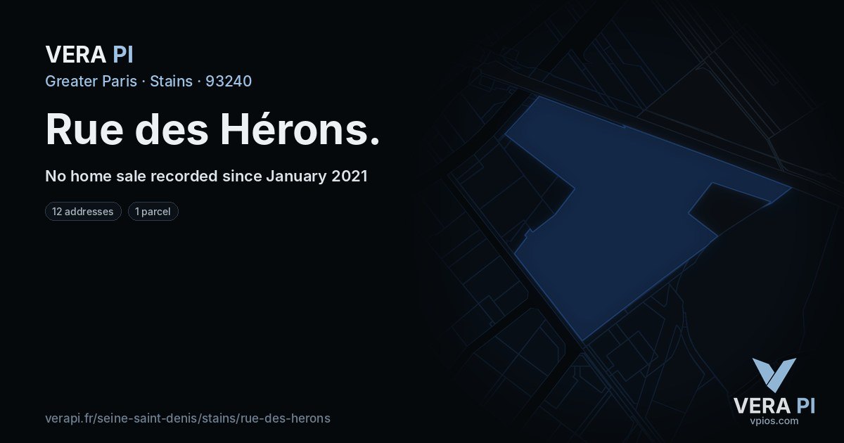 Rue des Hérons, Stains at night – every parcel coloured by the prices around it, the street's own parcels lit