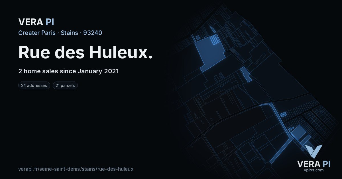 Rue des Huleux, Stains at night – every parcel coloured by the prices around it, the street's own parcels lit