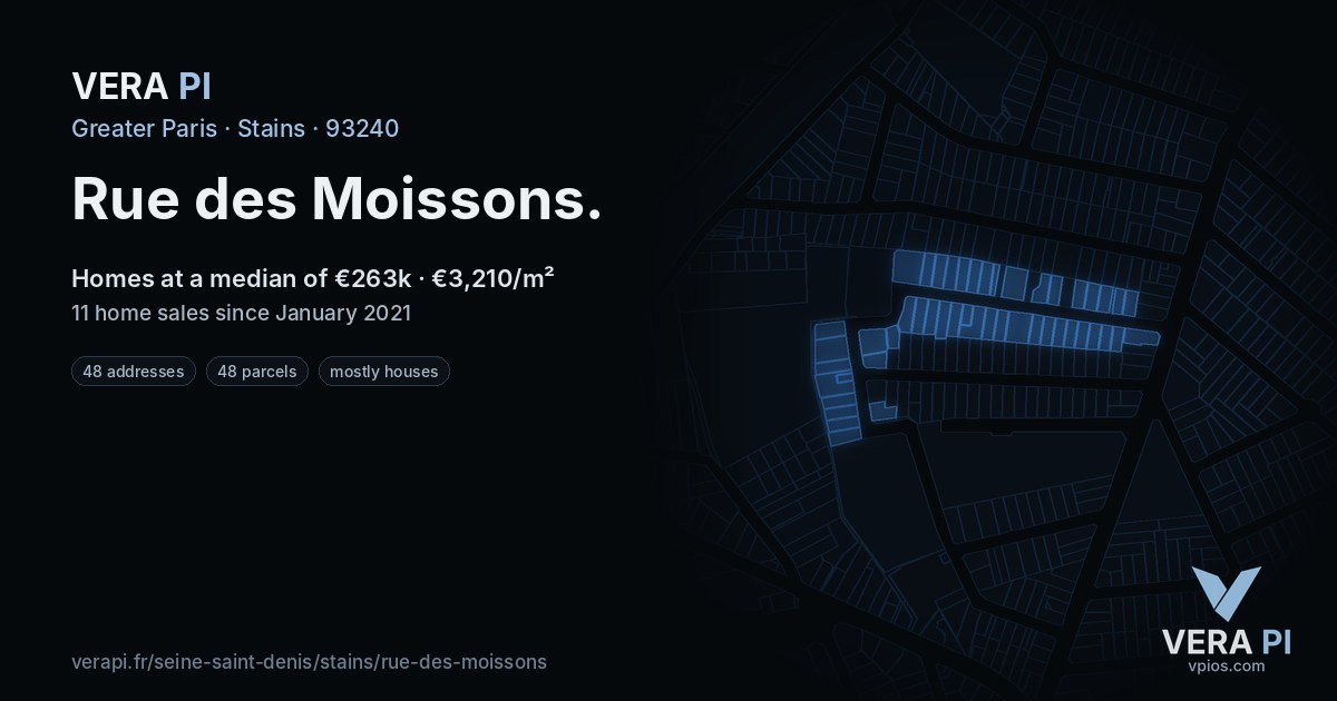 Rue des Moissons, Stains at night – every parcel coloured by the prices around it, the street's own parcels lit